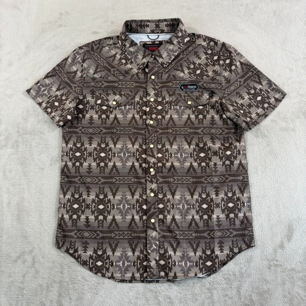 Rock &β Roll Denim Aztec Performance Stretch Pearl Snap Shirt Men Medium NWOT